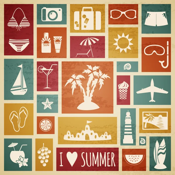 Κάρτα διακοπών καλοκαίρι με επίπεδη στοιχεία. — Διανυσματικό Αρχείο