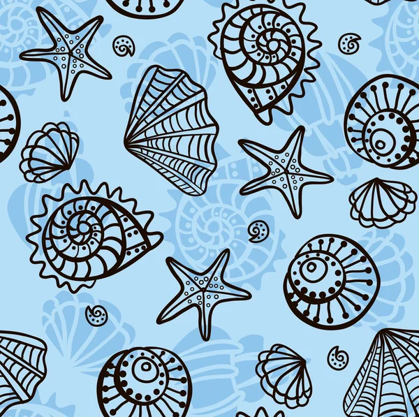 Patrón sin costuras con conchas marinas sobre fondo azul . — Vector de stock