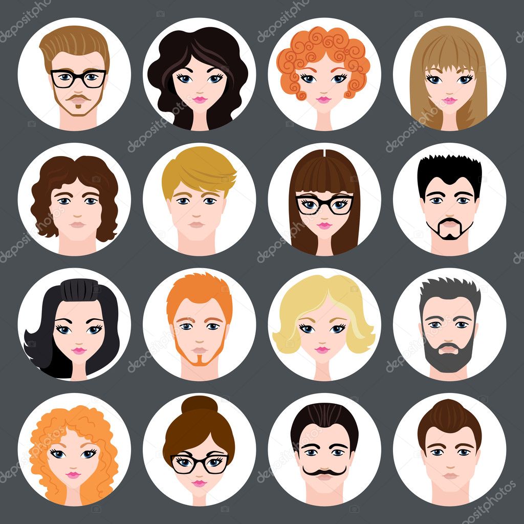 Vector set of stylish avatars of girls and guys in modern flat design