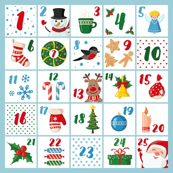 Vánoční Adventní Kalendář Plochém Stylu Vánočními Prvky Santa Jelen Sněhové — Stockový vektor