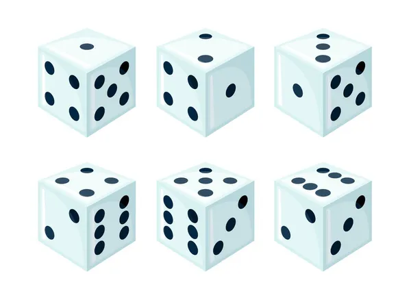 白に隔離された異なる側面ビューから黒のドットを持つ白いダイスのセット テーブルゲームやボードゲーム ギャンブルやカジノのためのデザイン ベクターイラスト — ストックベクタ