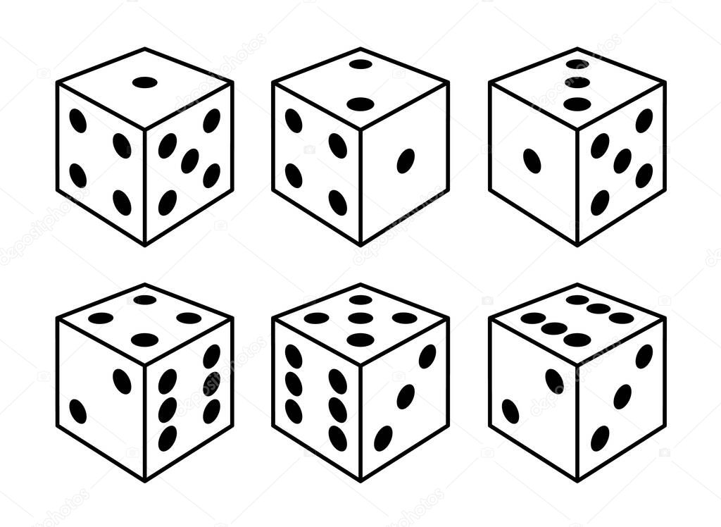 Set of white dices with black dots from different sides view isolated on white. Design for table or board games, gambling and casinos. Vector illustration.