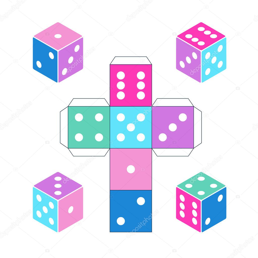 Paper Dice Template isolated on white background, Printable scheme for cutting from paper. Design for table or board games, gambling, casinos. Vector illustration.