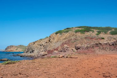 İspanya 'nın Balear Adaları' nda Es Mercadal, Menorca belediyesinde Cala Morts 'un yanındaki Akdeniz fundalıkları