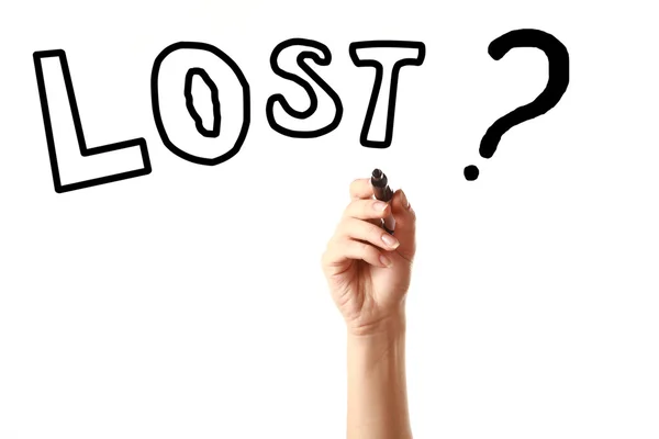 Mano dibujando una palabra "¿Perdido?" con marcador negro en la pantalla —  Fotos de Stock