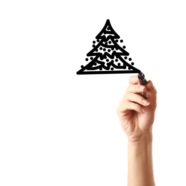 Kvinnlig hand Rita julgranen med svart markering på skärmen — Stockfoto