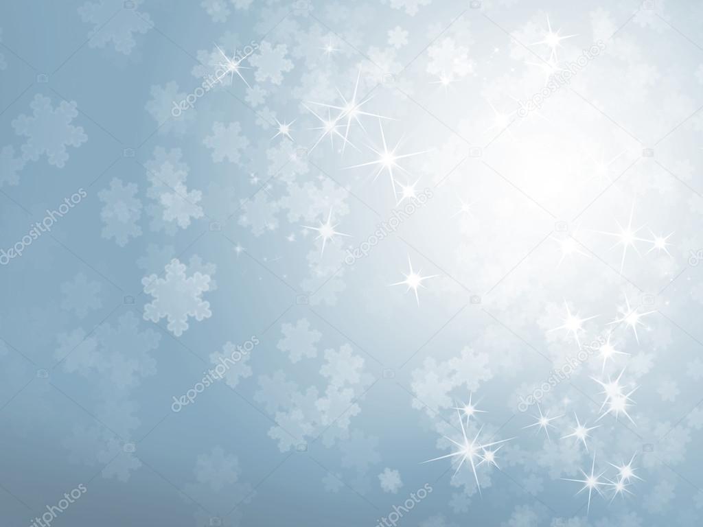 Silver winter background with defocused lights, snow flakes and text Merry Christmas
