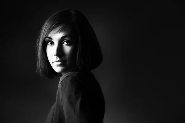 Black and white portrait of beautiful brunette woman with bob hairstyle — Stock Photo, Image