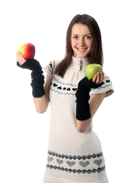 Glücklich modische junge Frau mit Äpfeln — Stockfoto