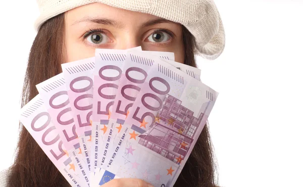 Primo piano degli occhi delle donne e fan delle banconote in euro — Foto Stock