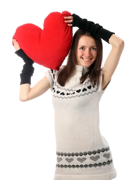 Young fashionable woman holding red heart — Stock Photo, Image