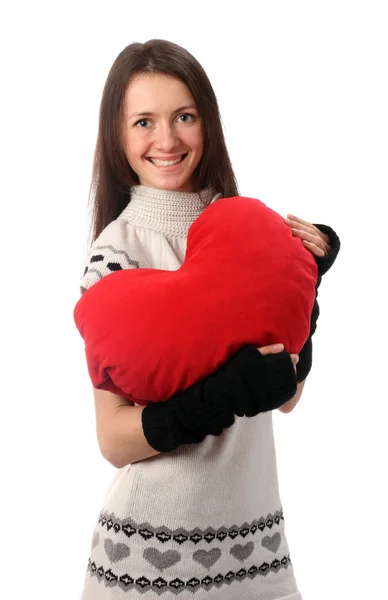 Young fashionable woman holding red heart — Stock Photo, Image