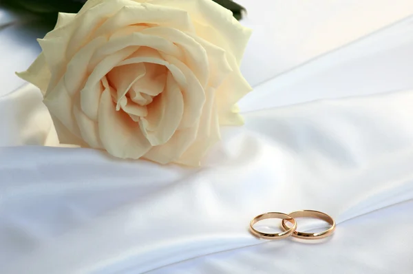 Anéis de casamento e uma rosa de chá — Fotografia de Stock