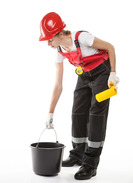 Trabalhador da construção em uniforme com ferramentas — Fotografia de Stock