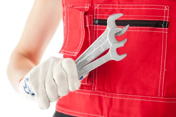 Construction worker in uniform with tools — Stock Photo, Image