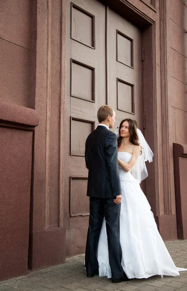 Bruden och brudgummen tittar på varandra — Stockfoto