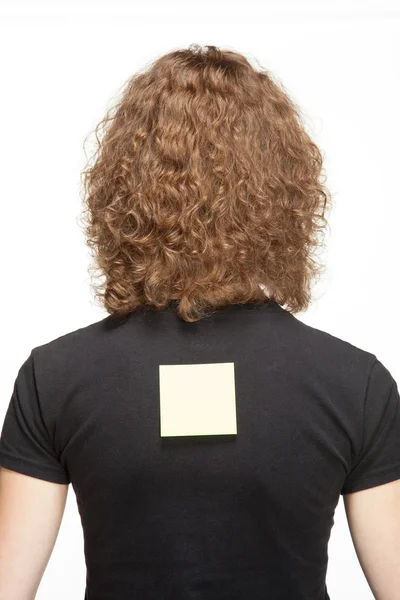 Woman with blank sticker — Stock Photo, Image