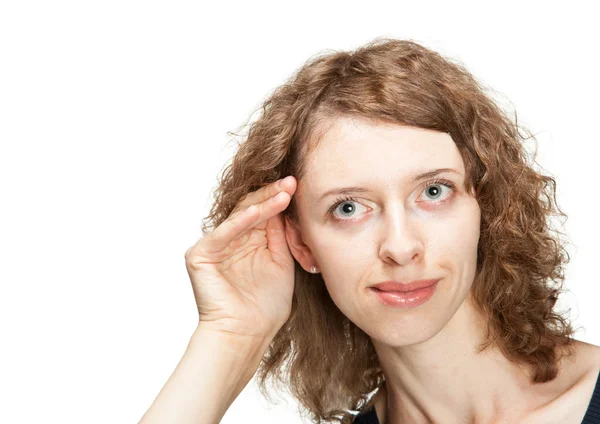 Young woman trying to hear something, woman overheas something — Stock Photo, Image
