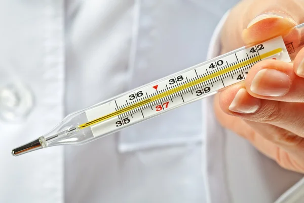 Normal sıcaklık termometre üzerinde gösterilen doktor eller — Stok fotoğraf