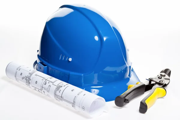 Cutters, hardhat and blueprint — Stock Photo, Image