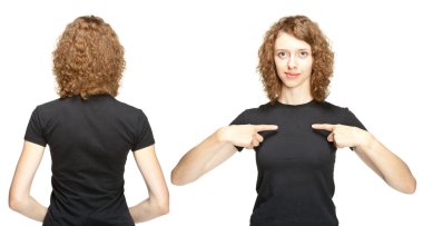 genç kadın siyah t-shirt beyaz, arka görünümünde izole ve tam karşı karşıya.