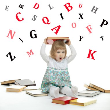 Scared little girl sitting surrounded by books and alphabetical clipart