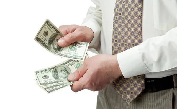 Mãos de homem contando notas de dólar — Fotografia de Stock
