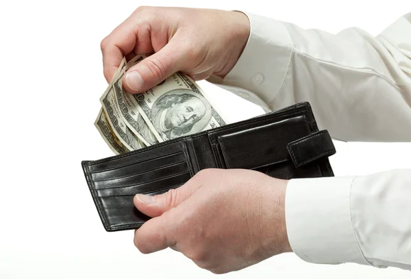 Man's hands holding leather wallet with dollars — Stock Photo, Image