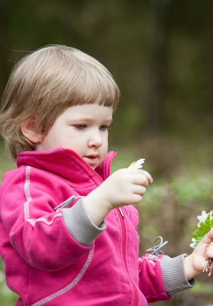 Little girl picking snowdrops — Stock Photo, Image