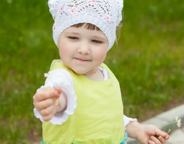 Vackra lilla tjej anläggning camomiles — Stockfoto