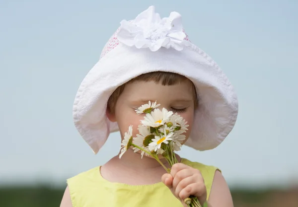 Liten flicka med camomiles — Stockfoto