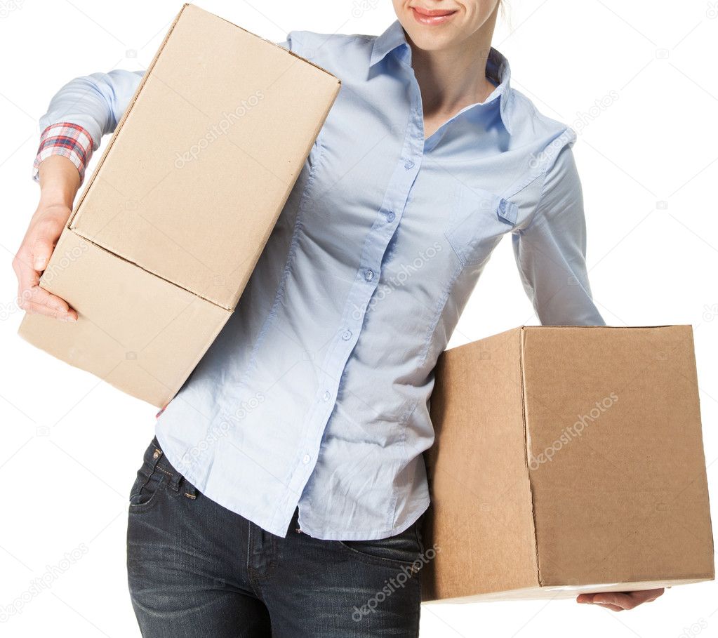 Smiling woman with two boxes