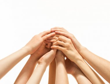 Successful team: many hands holding together