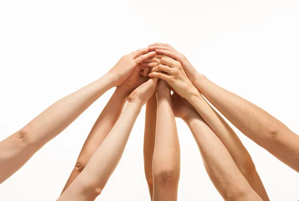 Successful team: many hands holding together — Stock Photo, Image