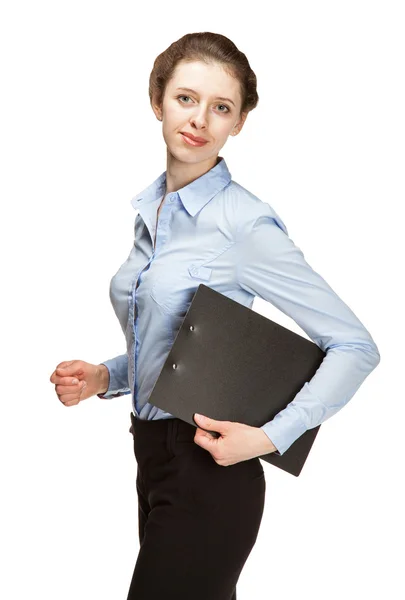 Jovem empresária segurando prancheta — Fotografia de Stock