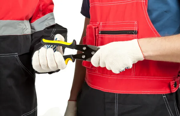 Industrial-construction workers in uniform holding special tool — Stock Photo, Image