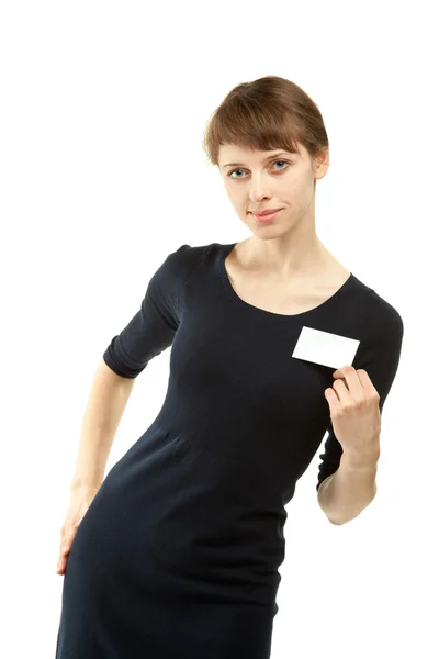 Atraktivní mladá žena zobrazeno prázdné odznak — Stock fotografie