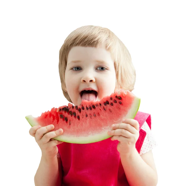 可爱的小女孩，在白色背景上吃西瓜的大切片 — 图库照片