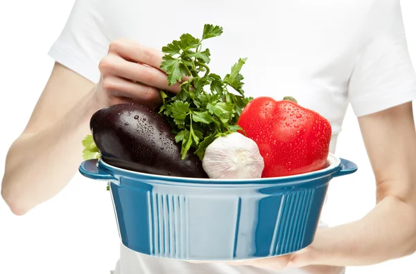 Female hands holding stew pan with fresh vegetables — Stock Photo, Image