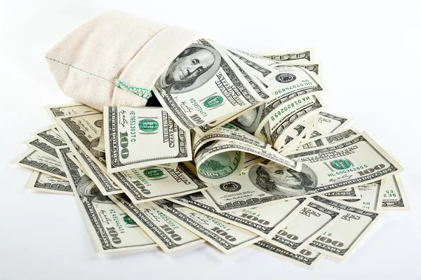 Vele dollar biljetten in een zak — Stockfoto