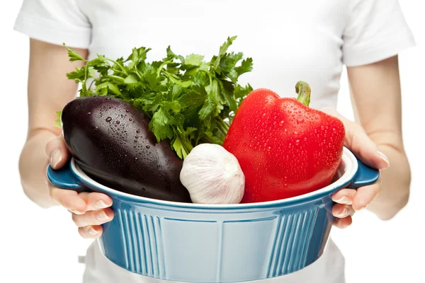 Female hands holding stew pan with fresh vegetables — Stock Photo, Image