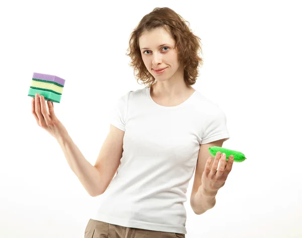 Attractive young woman holding sponges — Stock Photo, Image