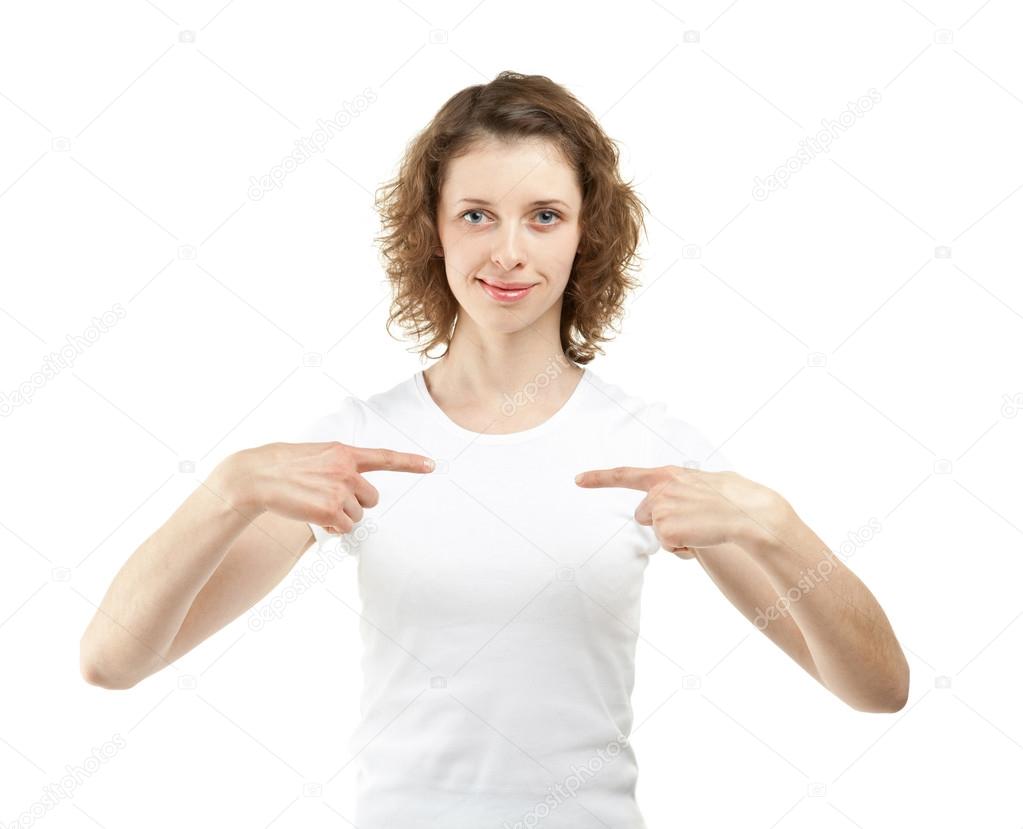 Young woman pointing at herself