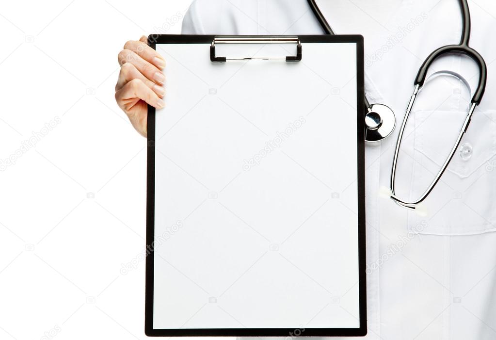 Doctor's hands holding clipboard with blank sheet of paper