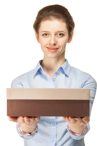 Woman holding a cardboard box — Stock Photo, Image