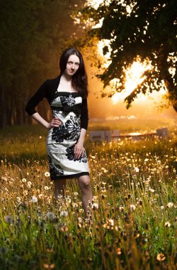 güzel genç esmer bir parkta poz