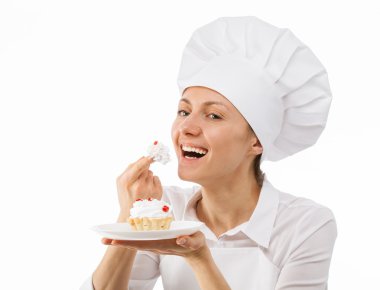 Genç Şef yemek pasta tatmak