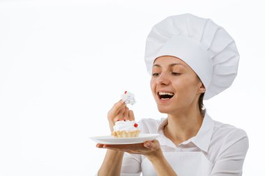 güzel kadın şef aşçı lezzetlisini kek
