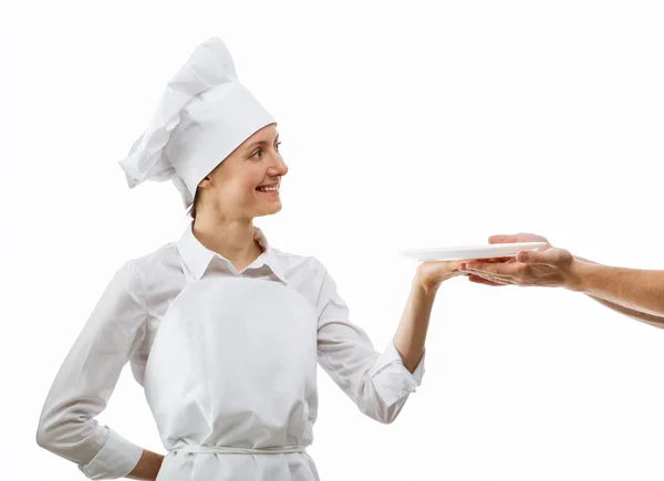 Vařit, prázdný talíř dát ruce muže — Stock fotografie
