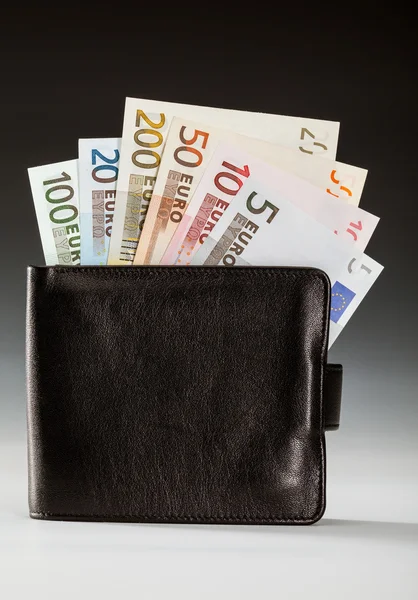 Eurosedlar i läder plånbok — Stockfoto